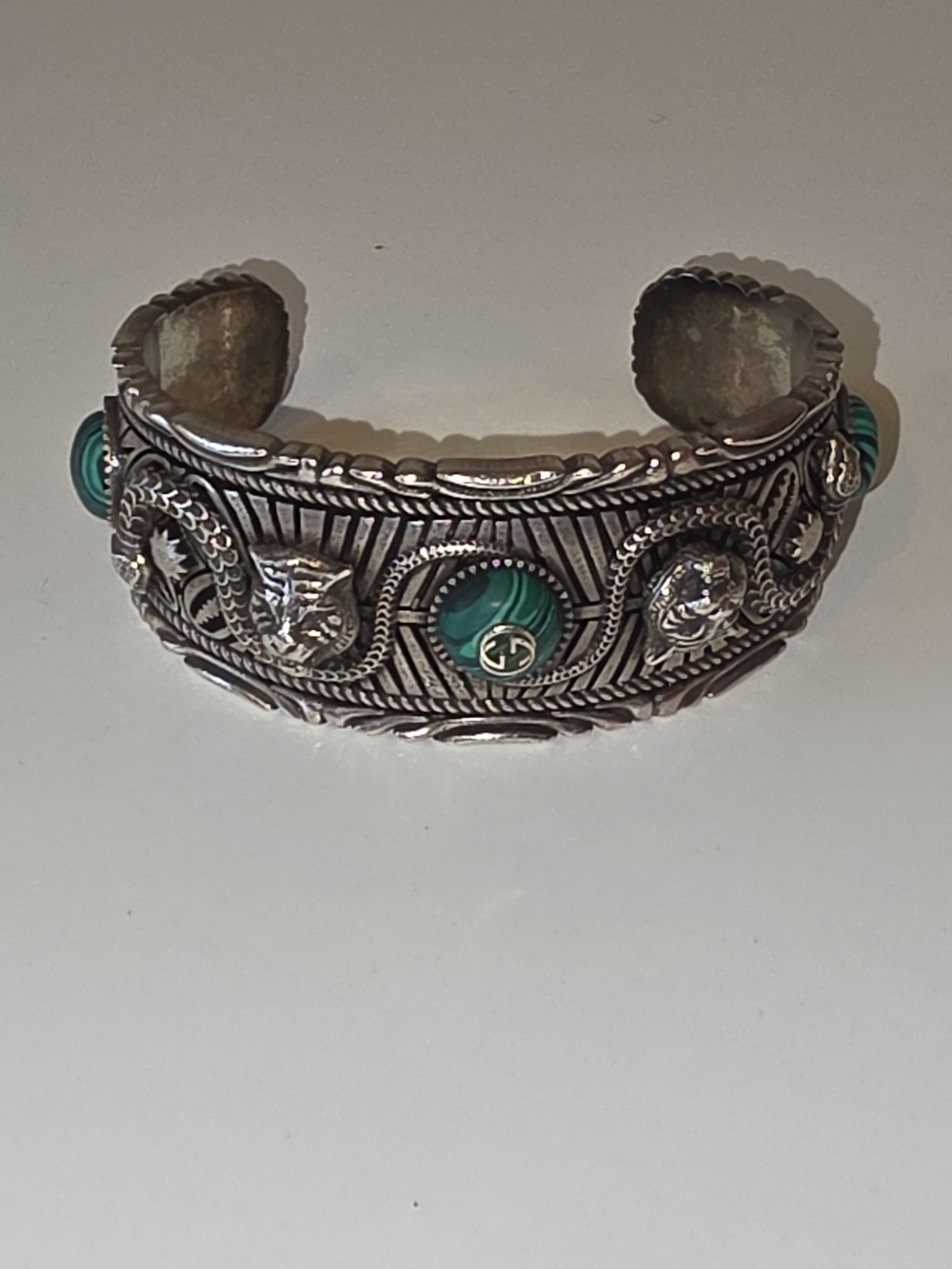Gucci Silver Malachite Bezel-Set Cuff Bracelet